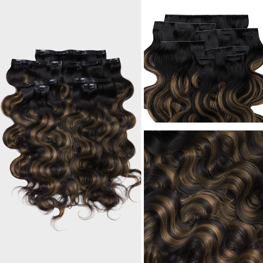 $149 BOGO | Lashey #1B/6/1B Brown Highlights Body Wave Invisi Edge Seamless Clip in Hair Extensions