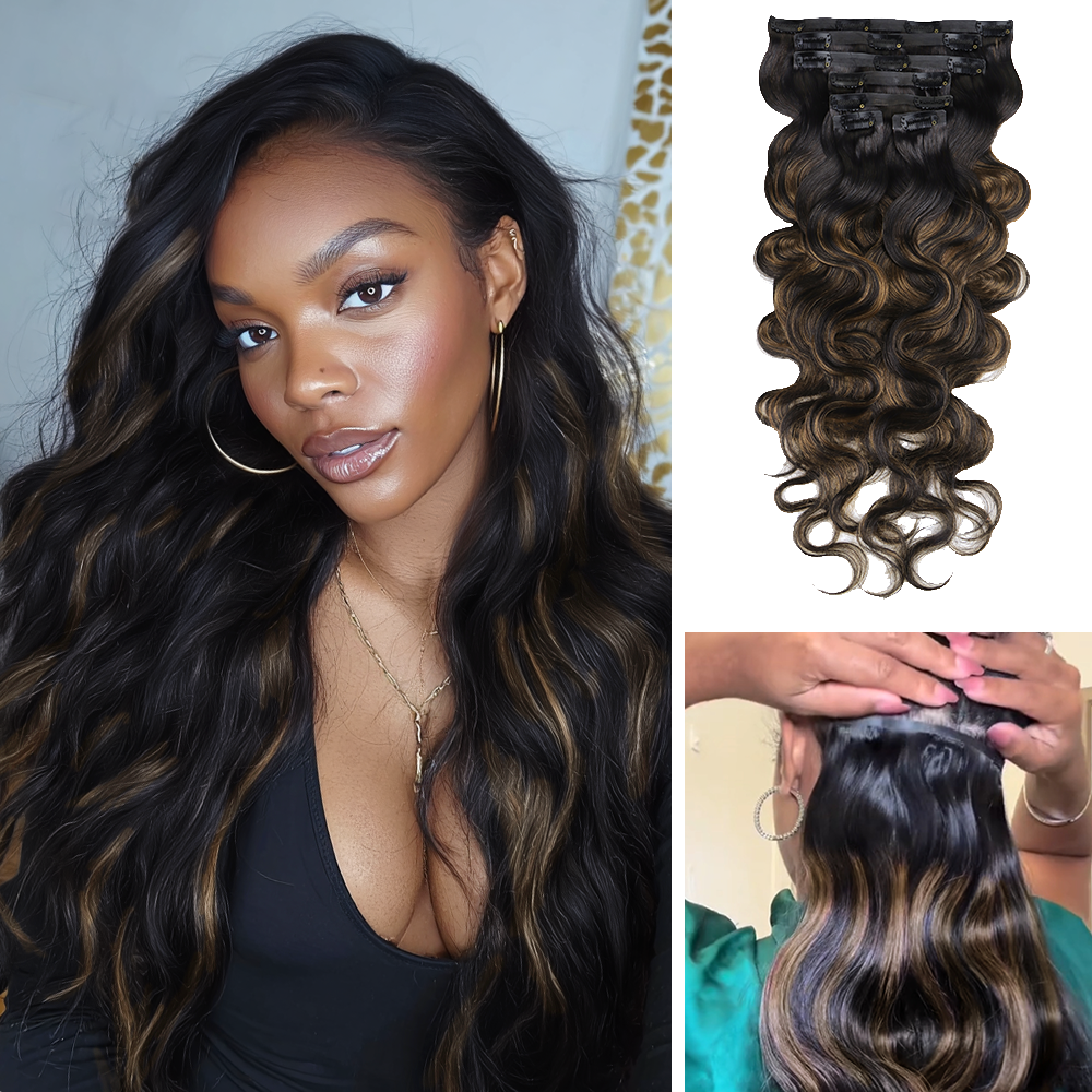 $149 BOGO | Lashey #1B/6/1B Brown Highlights Body Wave Seamless Clip in Hair Extensions