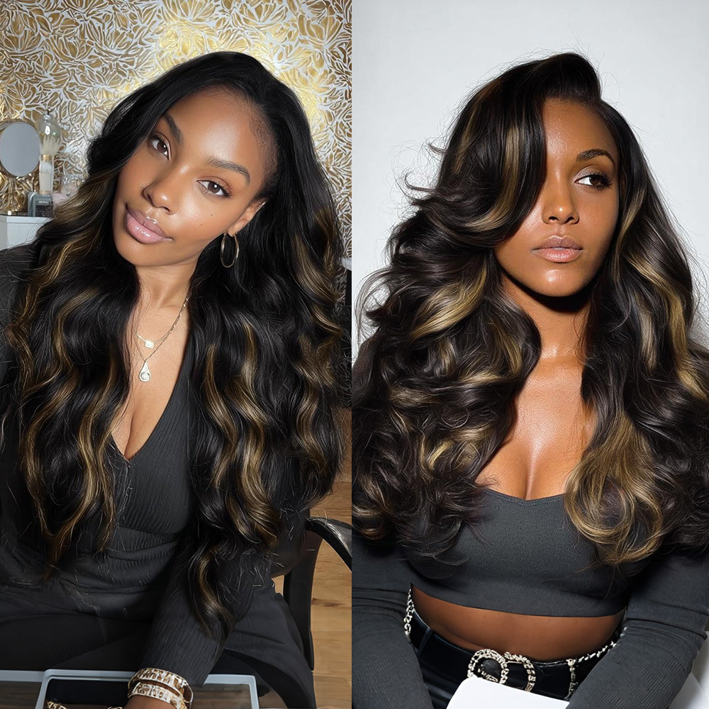 $149 BOGO | Lashey #1B/6/1B Brown Highlights Body Wave Seamless Clip in Hair Extensions