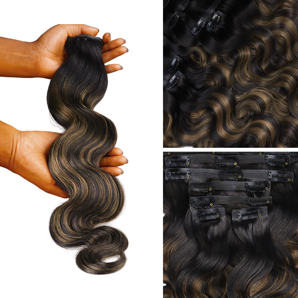 $149 BOGO | Lashey #1B/6/1B Brown Highlights Body Wave Seamless Clip in Hair Extensions