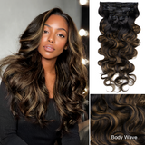Lashey Body Wave / Yaki Straight Super Natural Seamless Clip in Hair Extensions Brown Highlights Real Human Hair