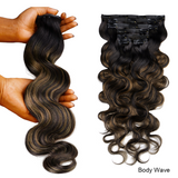 Lashey Body Wave / Yaki Straight Super Natural Seamless Clip in Hair Extensions Brown Highlights Real Human Hair