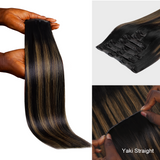 Lashey Body Wave / Yaki Straight Super Natural Seamless Clip in Hair Extensions Brown Highlights Real Human Hair