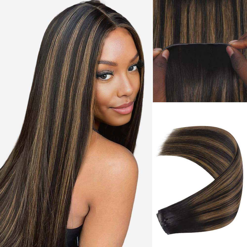 Lashey Seamless Clip in Hair Extensions Super Flat Silky Straight Brown Highlights Real Human Hair