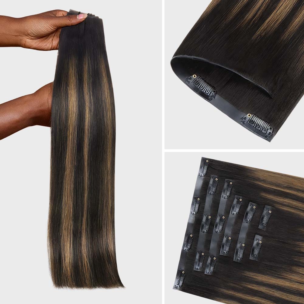 Lashey Invisi Edge Seamless Clip in Hair Extensions Silky Straight Brown Highlights Real Human Hair