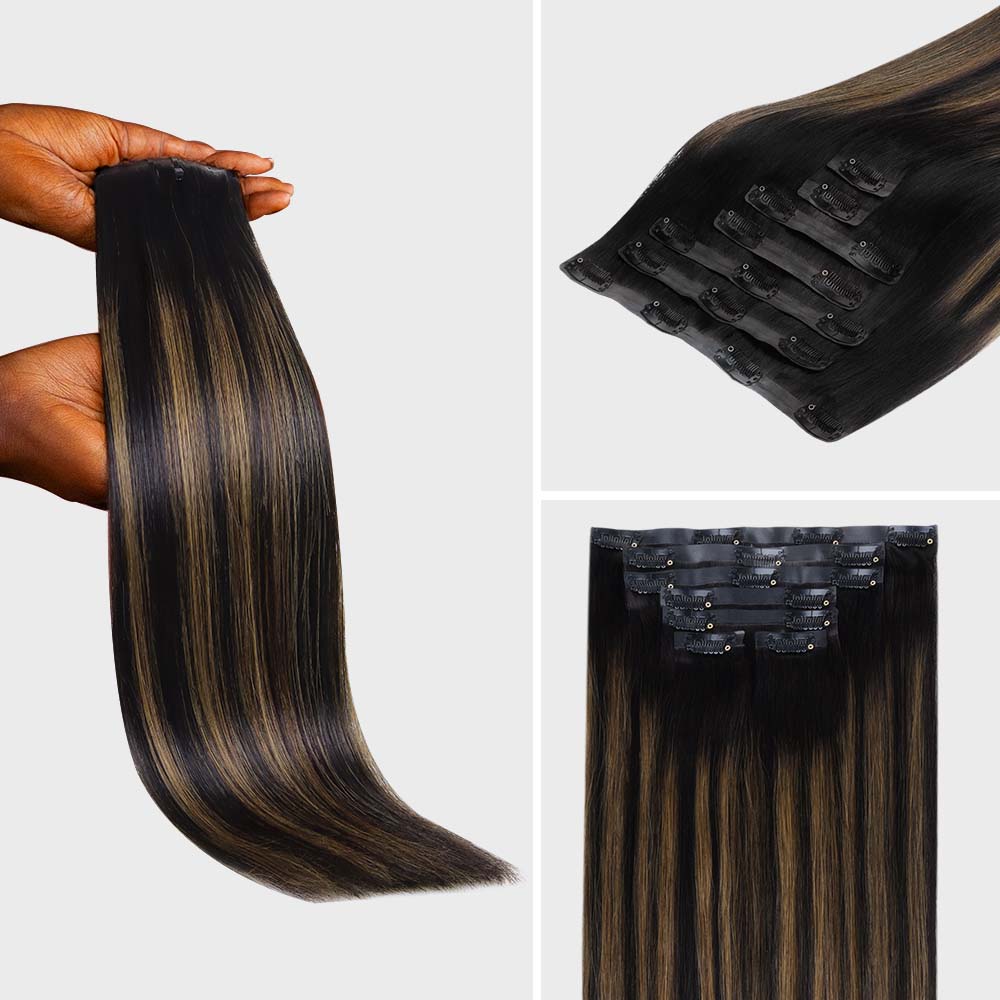 Lashey Seamless Clip in Hair Extensions Super Flat Silky Straight Brown Highlights Real Human Hair