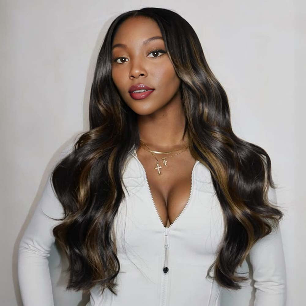 Lashey Seamless Clip in Hair Extensions Super Flat Silky Straight Brown Highlights Real Human Hair
