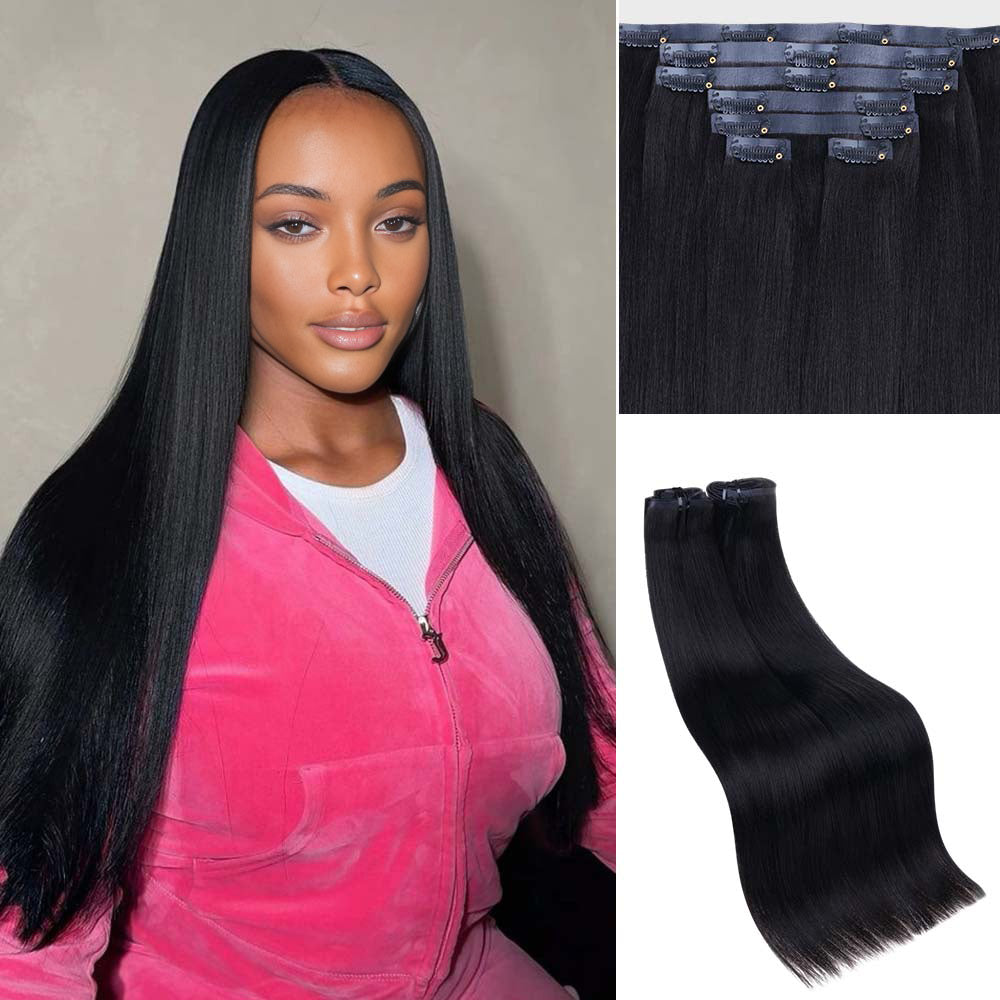 Lashey Seamless Clip in Hair Extensions Super Flat Yaki Straight #1 Jet Black Real Human Hair