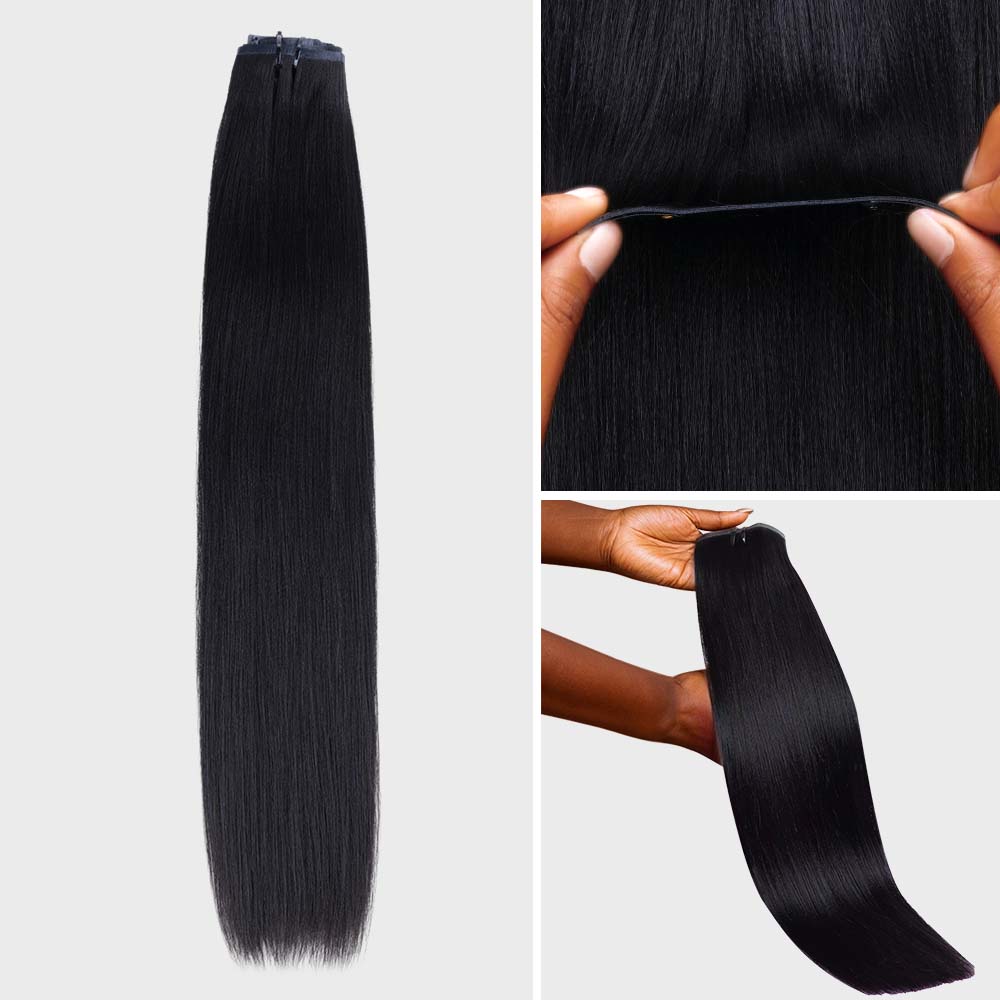 Lashey Seamless Clip in Hair Extensions Super Flat Yaki Straight #1 Jet Black Real Human Hair