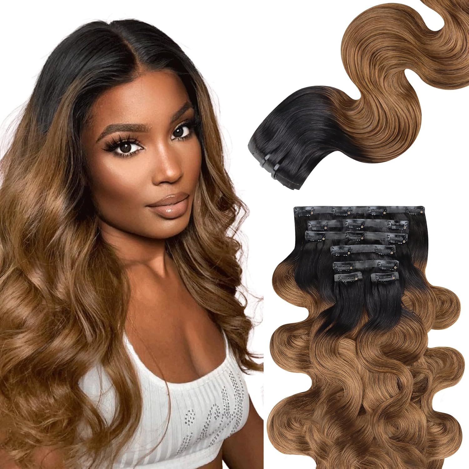 #T1B30 Colored 7pcs 110g Ombre Brown Super Flat Seamless Clip in Hair Extensions