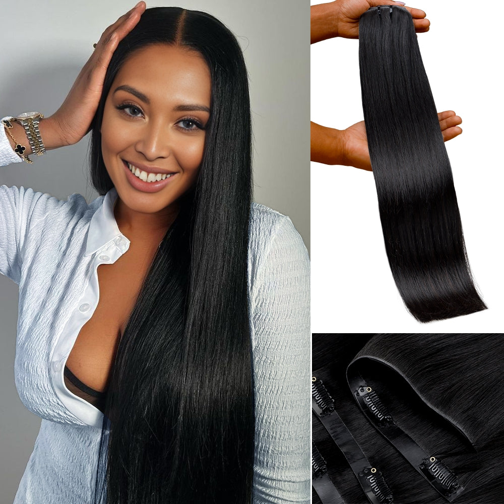 Lashey Invisi Edge Seamless Clip in Hair Extensions Silky Straight #1 Jet Black Real Human Hair