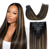 Lashey Body Wave / Yaki Straight Super Natural Seamless Clip in Hair Extensions Brown Highlights Real Human Hair