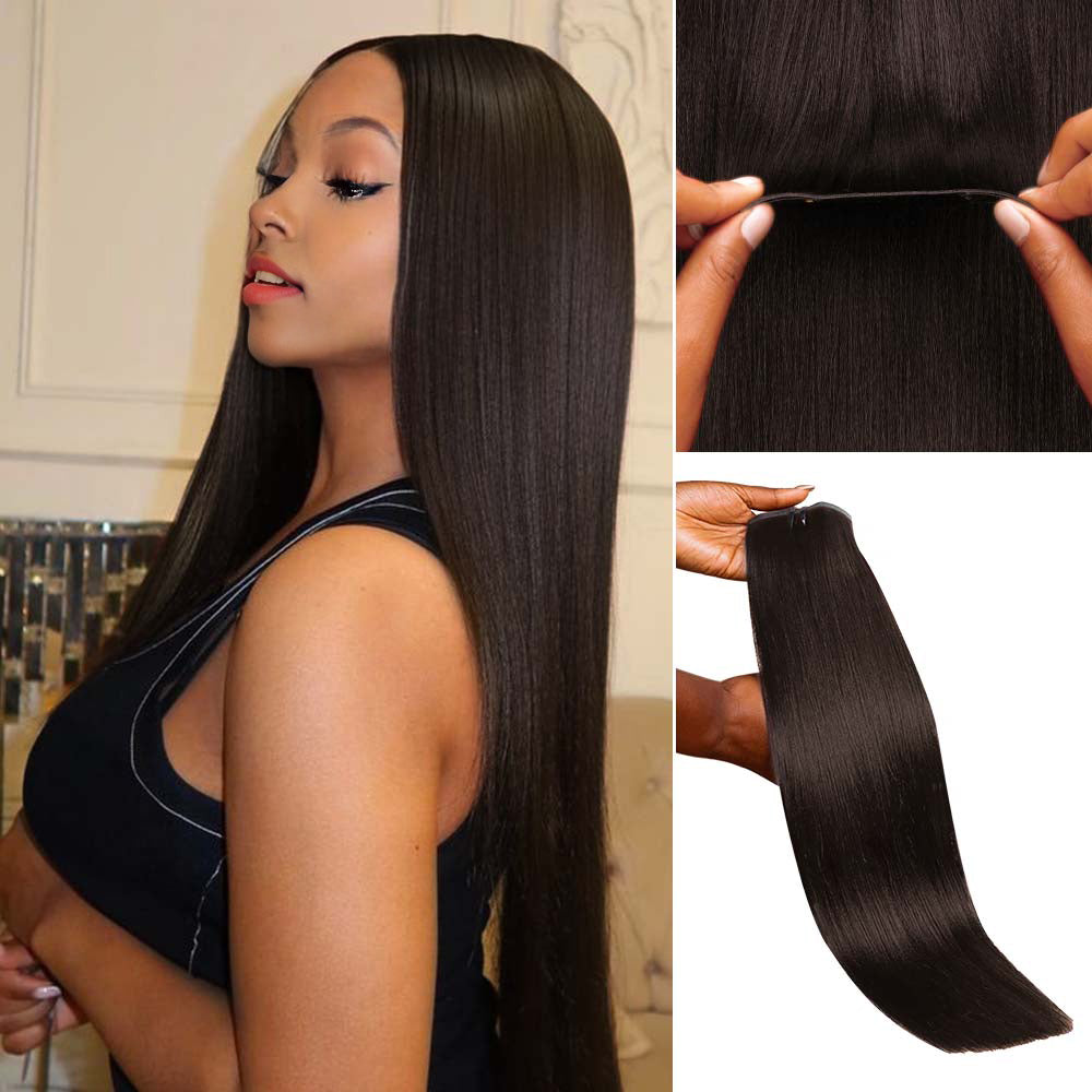 Lashey Seamless Clip in Hair Extensions Super Flat Yaki Straight #2 Dark Brown Real Human Hair