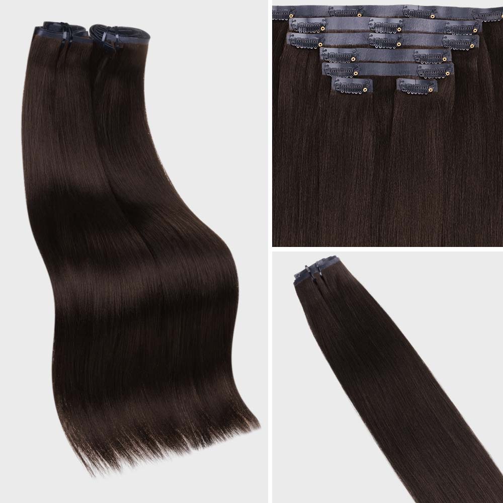 Lashey Seamless Clip in Hair Extensions Super Flat Yaki Straight #2 Dark Brown Real Human Hair