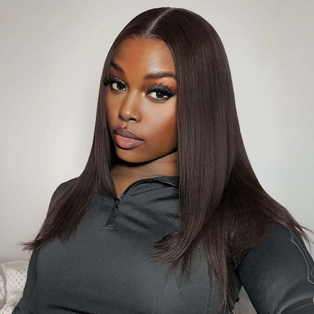 Lashey Seamless Clip in Hair Extensions Super Flat Yaki Straight #2 Dark Brown Real Human Hair