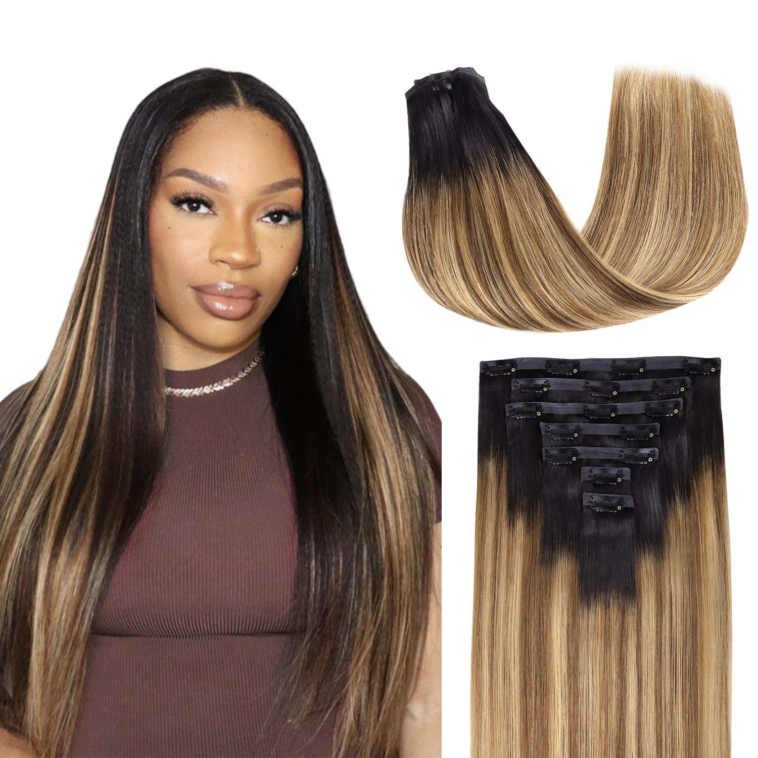 #4/27 Brown Highlights 7pcs 110g Silky Straight Super Flat Seamless Clip in Hair Extensions