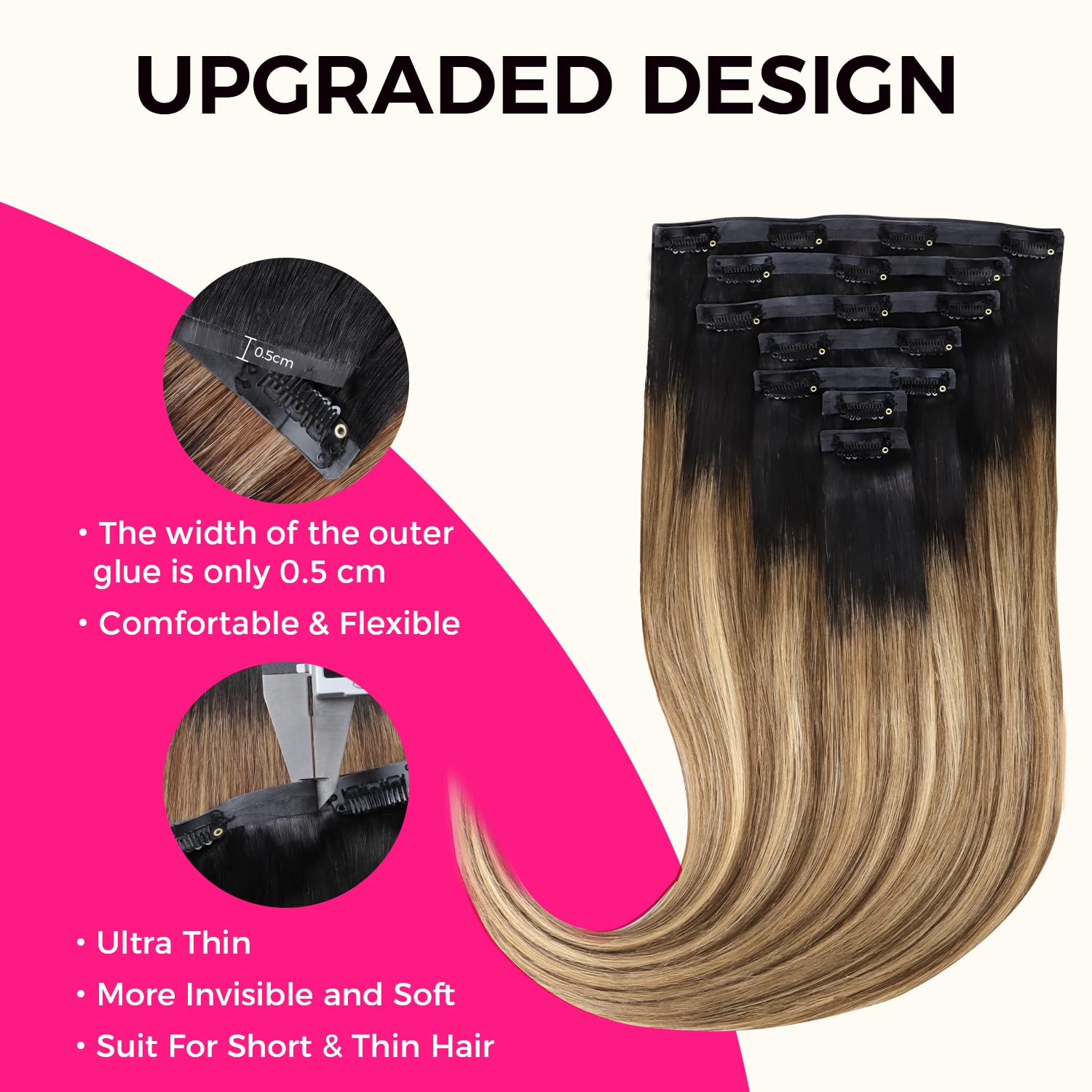 #4/27 Brown Highlights 7pcs 110g Silky Straight Super Flat Seamless Clip in Hair Extensions