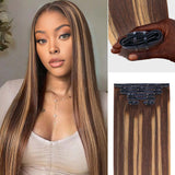 Lashey Seamless Clip in Hair Extensions Super Flat Silky Straight Brown & Blonde Highlights Real Human Hair