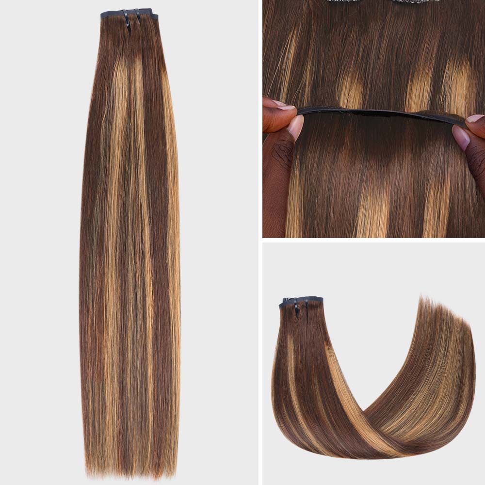 Lashey Seamless Clip in Hair Extensions Super Flat Silky Straight Brown & Blonde Highlights Real Human Hair