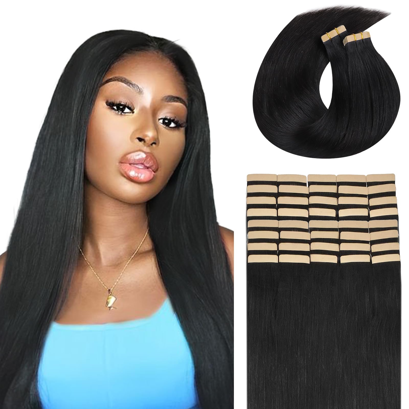 Lashey Tape in Hair Extensions Human Hair Body Wave Natural Black 18 Inch 50g/pack Invisible Soft Tape Ins for Women