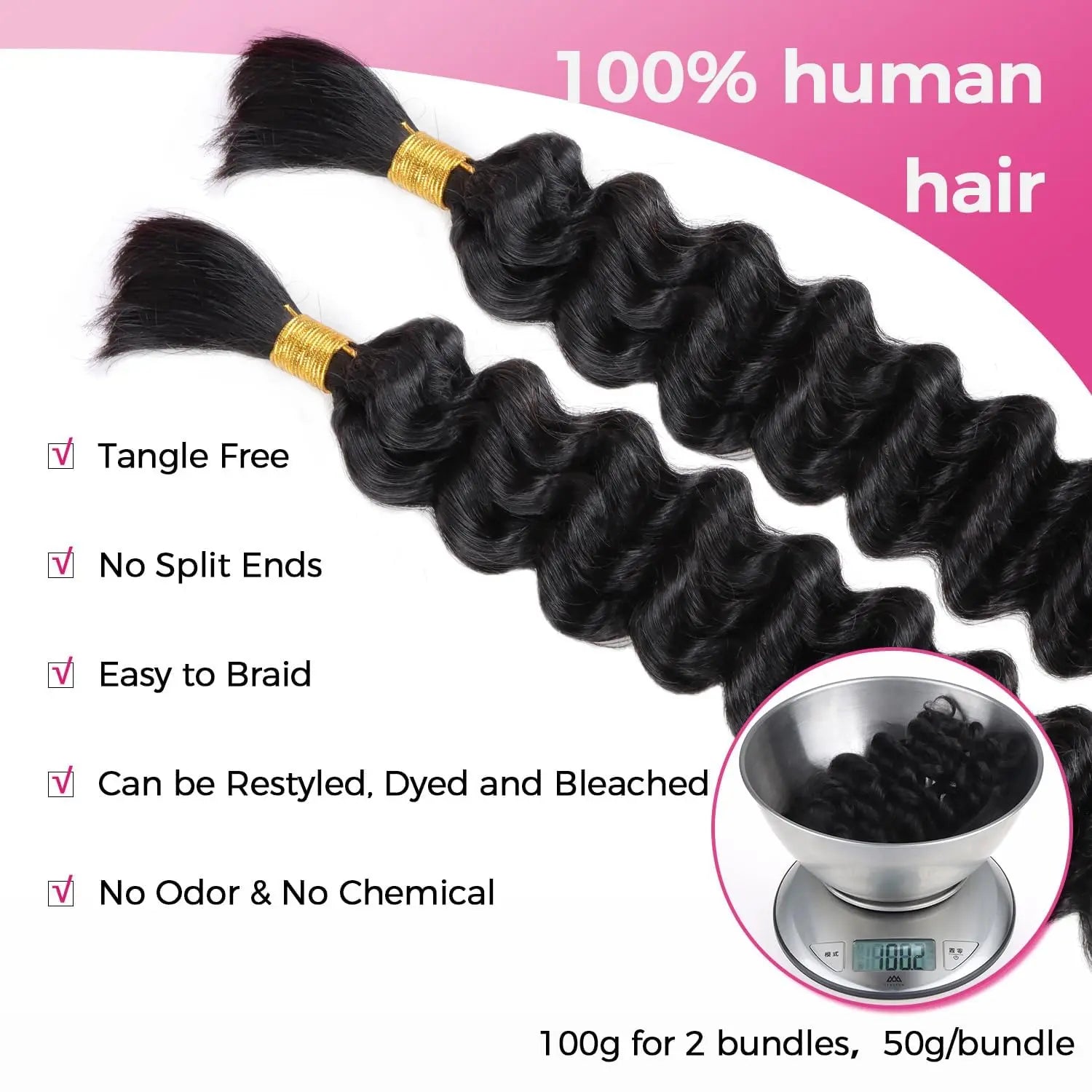 Double Drawn Human Braiding Hair Bulk for Boho Braids Knotless Box Braid