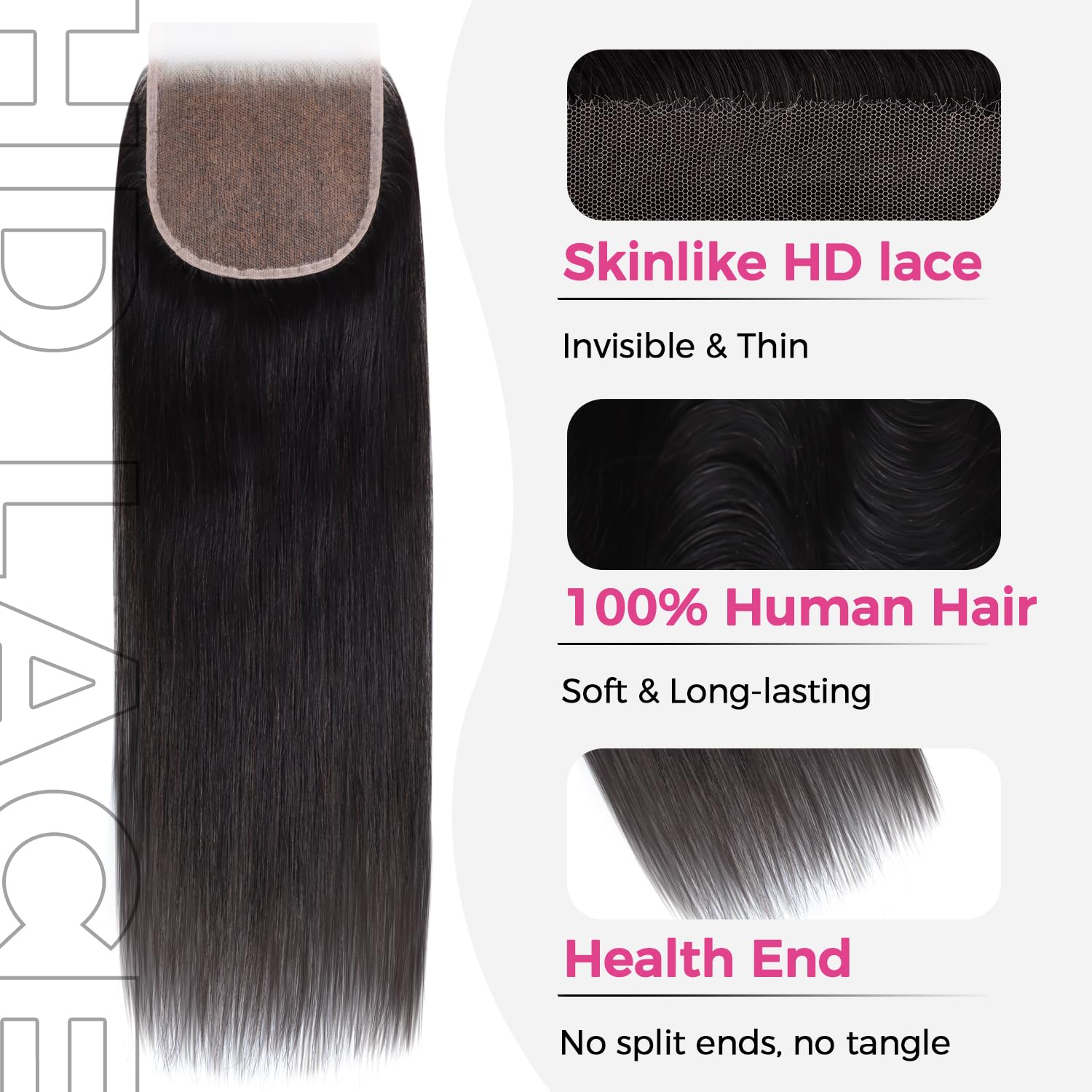 Lashey 5x5 HD Lace Closure, Natural Black HD Closure Pre Bleached Knots Pre Plucked Hairline Straight Human Hair 16 Inch