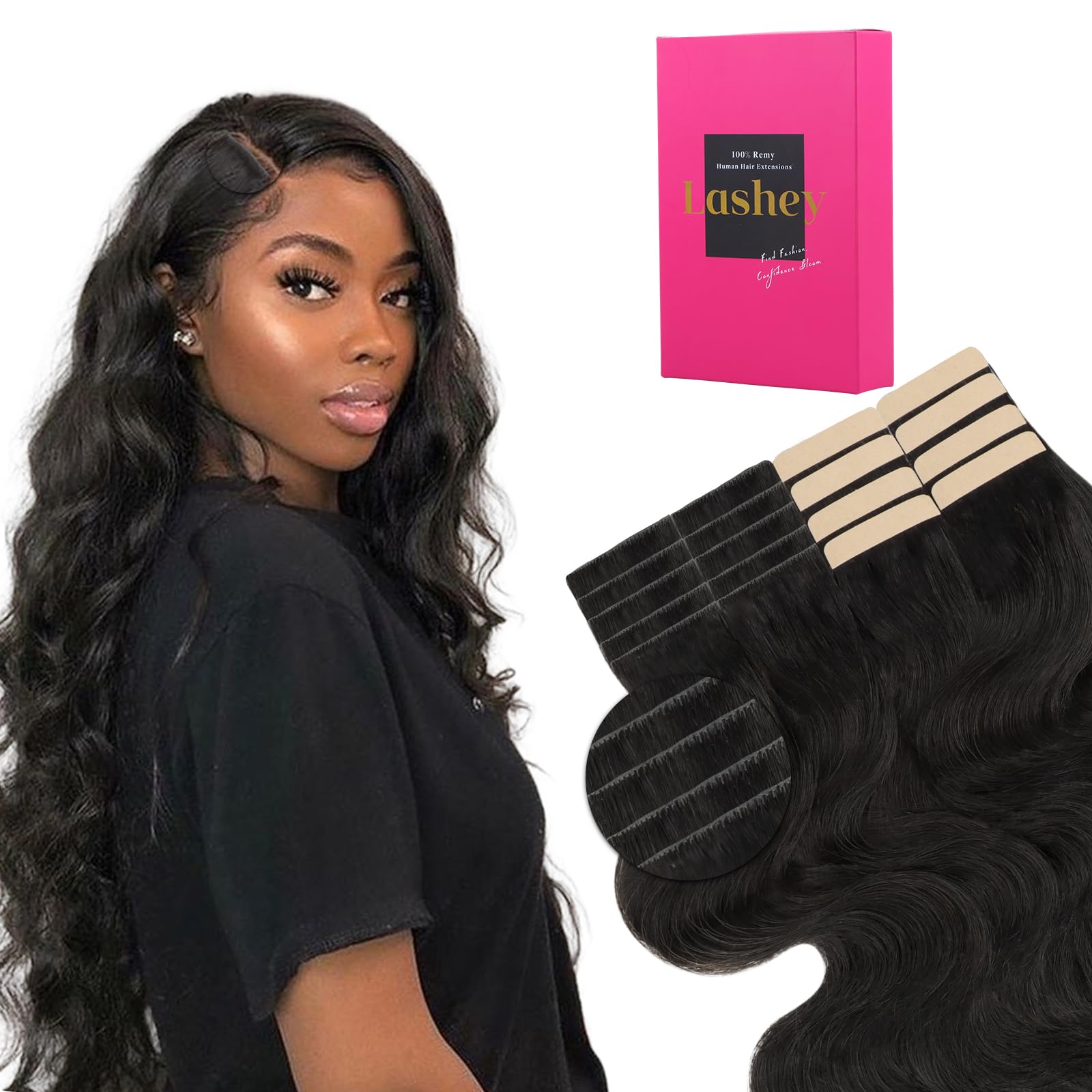 Lashey Tape in Hair Extensions Human Hair Body Wave Natural Black 18 Inch 50g/pack Invisible Soft Tape Ins for Women
