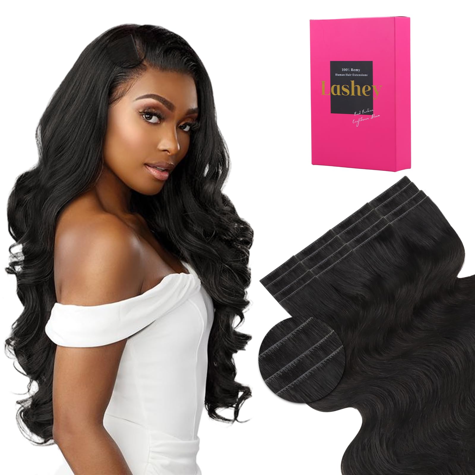 Lashey Tape in Hair Extensions Human Hair Body Wave Natural Black 18 Inch 50g/pack Invisible Soft Tape Ins for Women