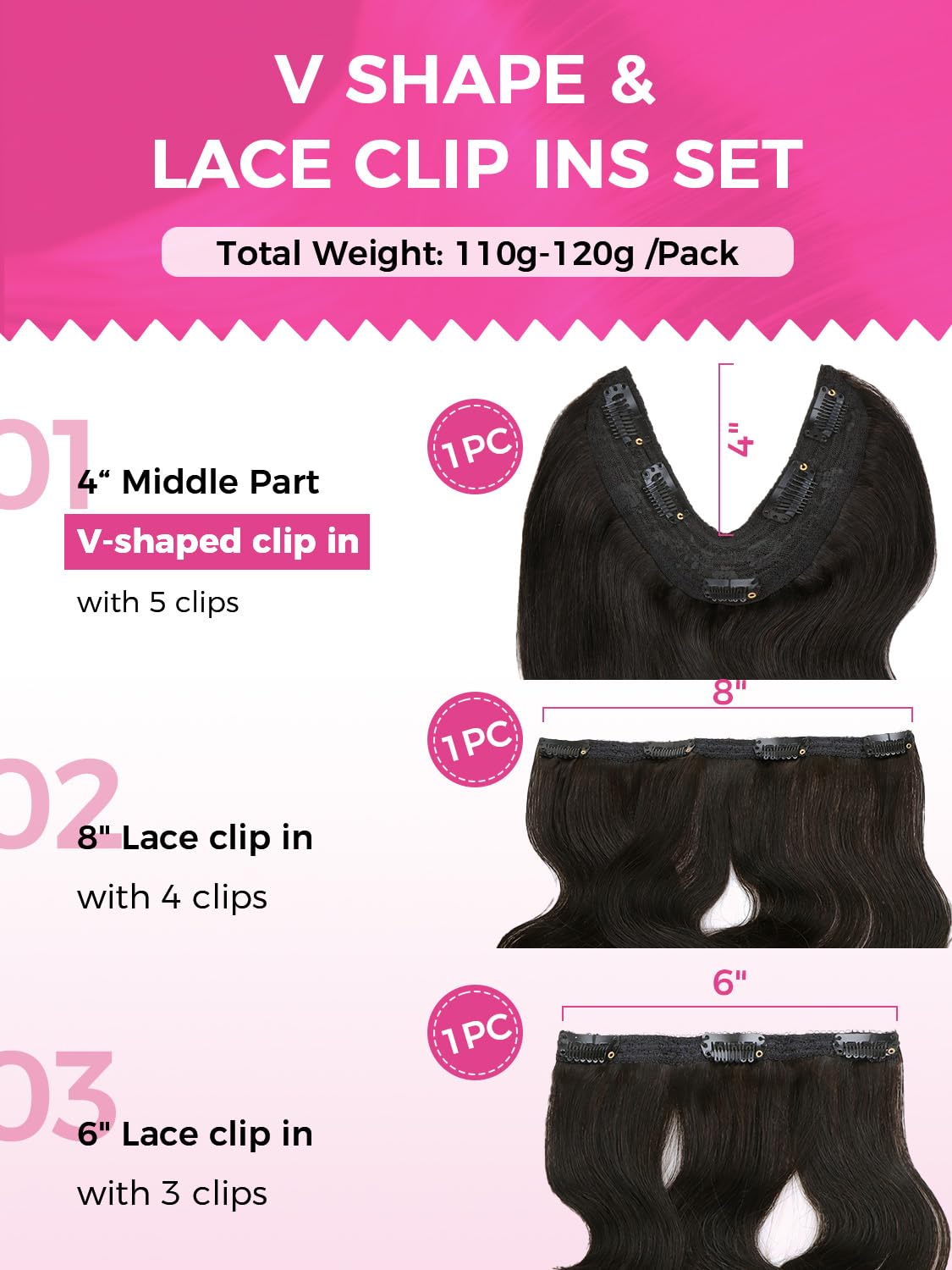 Lashey V Shape Invisible Clip in & Lace Clip in Hair Extensions Human Hair, 16 Inch 120g Set (1 V-Shaped + 2pcs Lace Clip ins), Natural Black Body Wave No Leave Out Hair Extension for Women