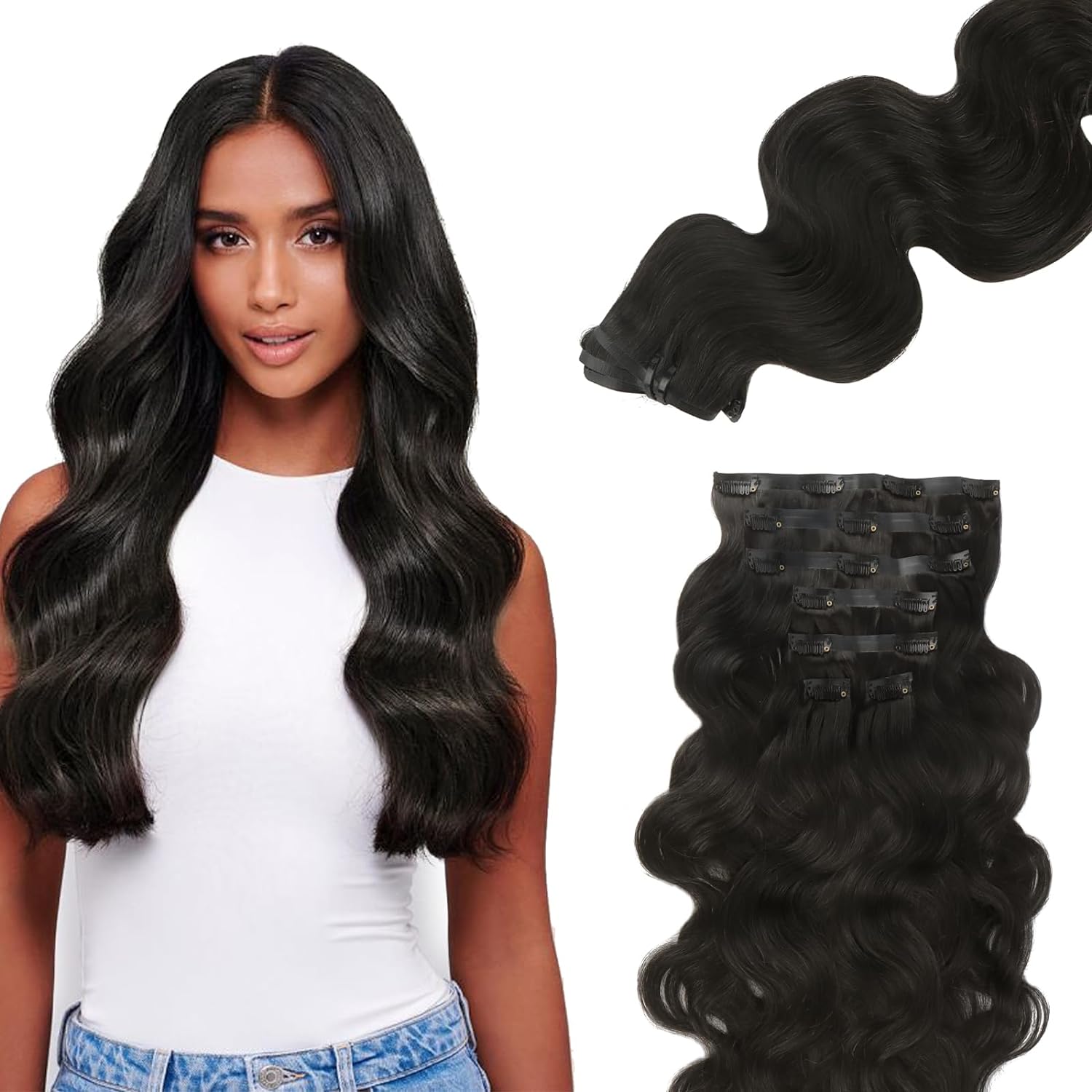 Natural Black 7pcs 110g Seamless Clip in Hair Extensions Remy Human Hair Extensions Super Flat