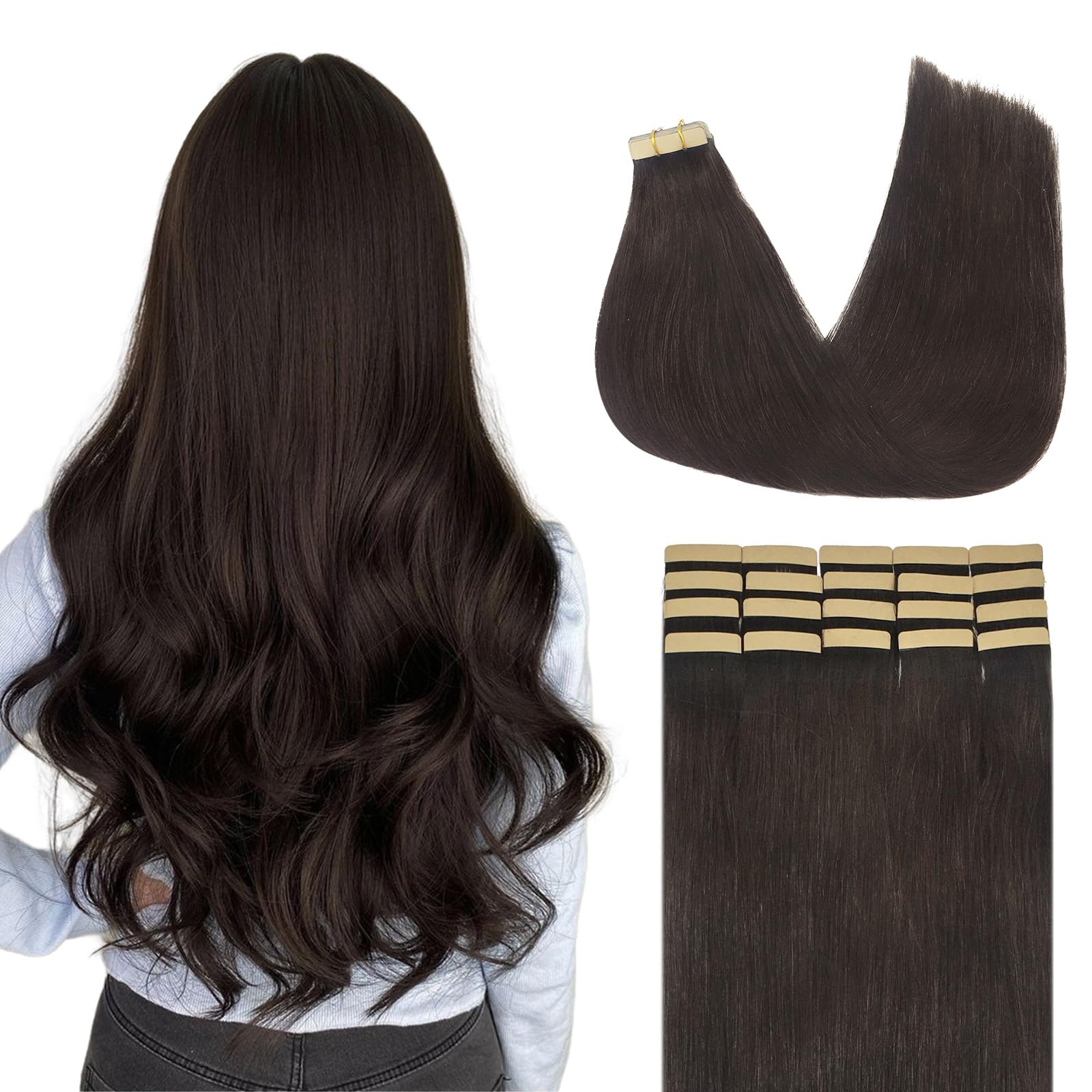 Lashey Tape in Hair Extensions Human Hair Body Wave Natural Black 18 Inch 50g/pack Invisible Soft Tape Ins for Women