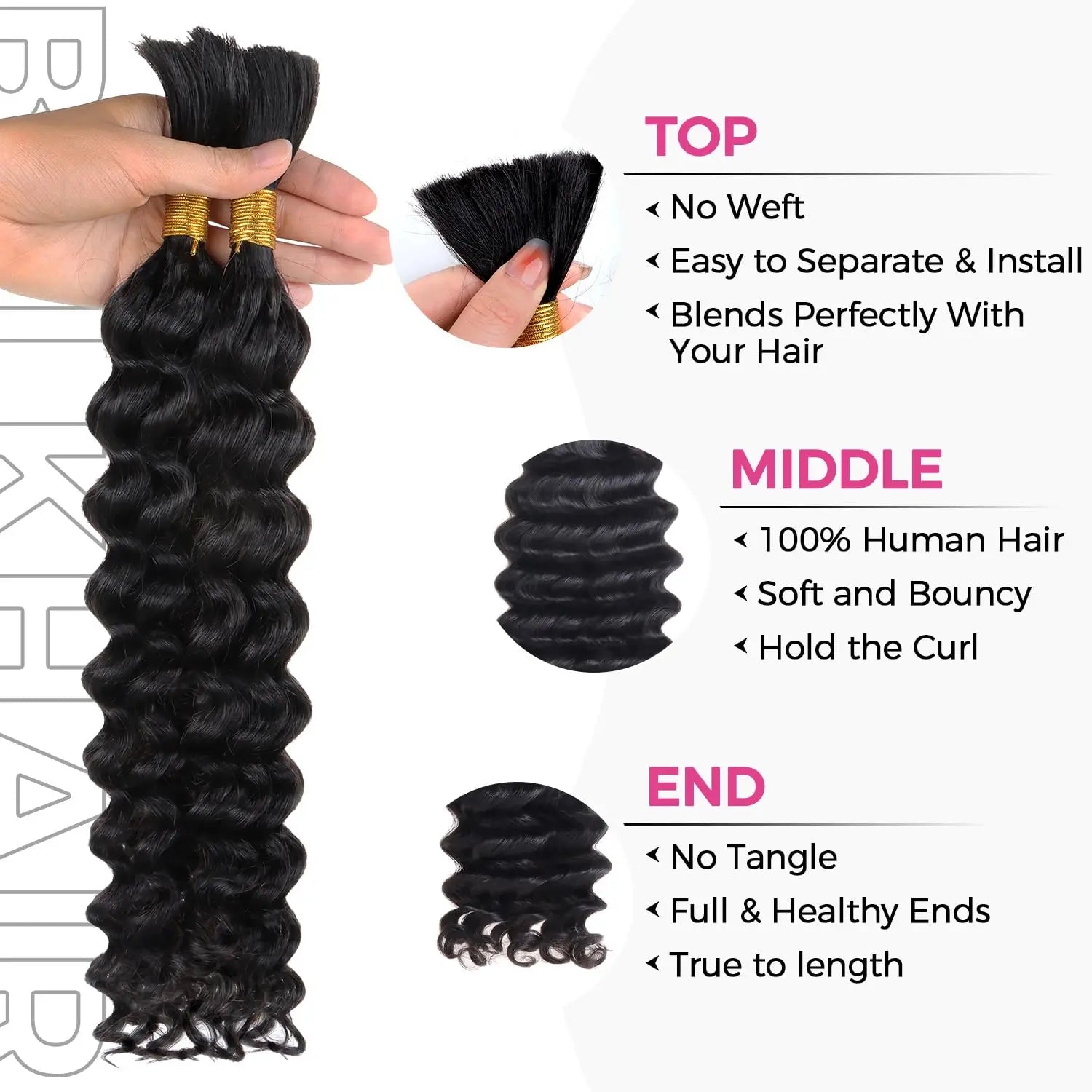 Double Drawn Human Braiding Hair Bulk for Boho Braids Knotless Box Braid