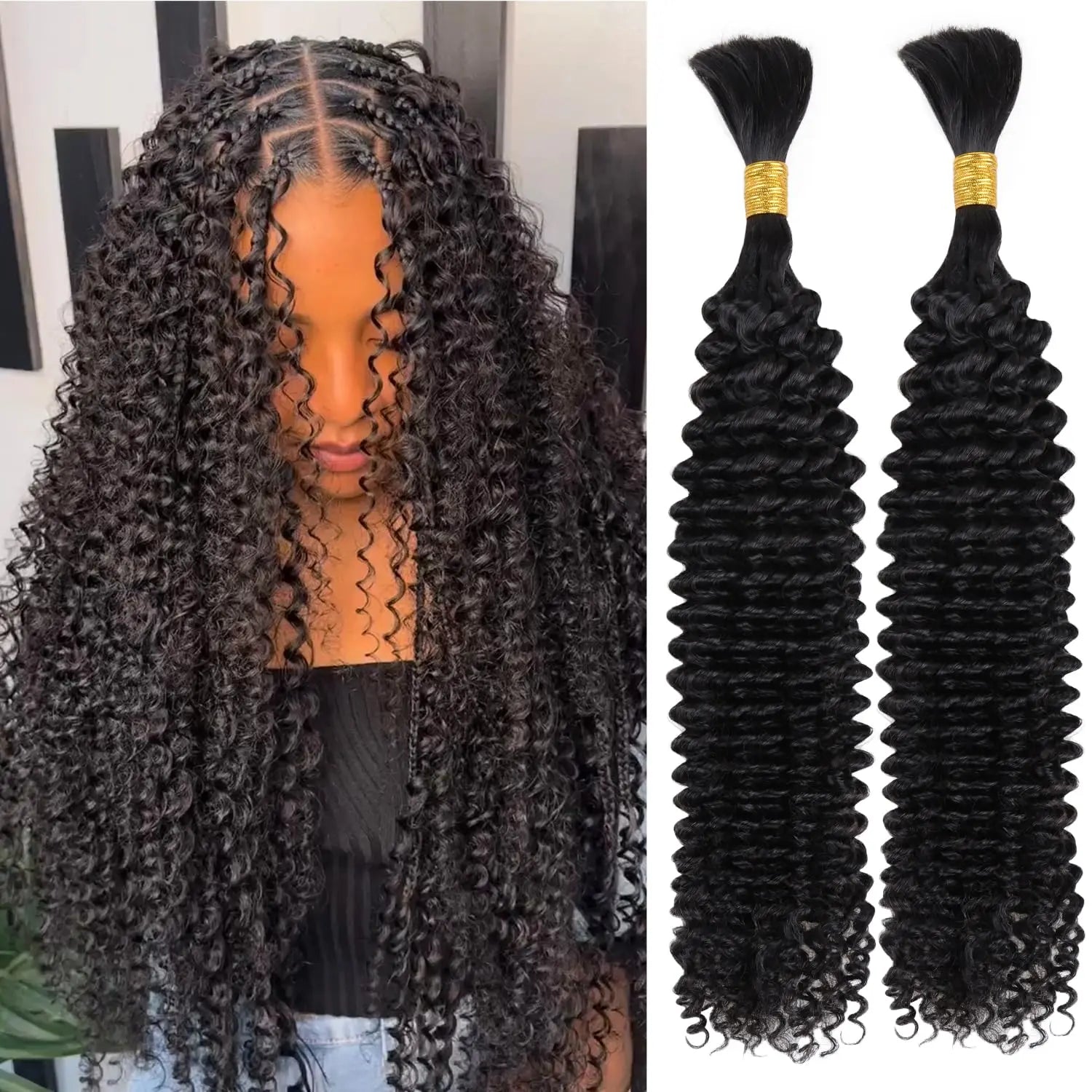 Lashey Human Braiding Hair Bulk Human Hair for Braiding Deep Wave 100% Virgin Hair Bulk 100g 2 Bundles/Pack No Weft Human Hair Extensions For Boho Braids Knotless Box Braid Natural Black 16 Inch