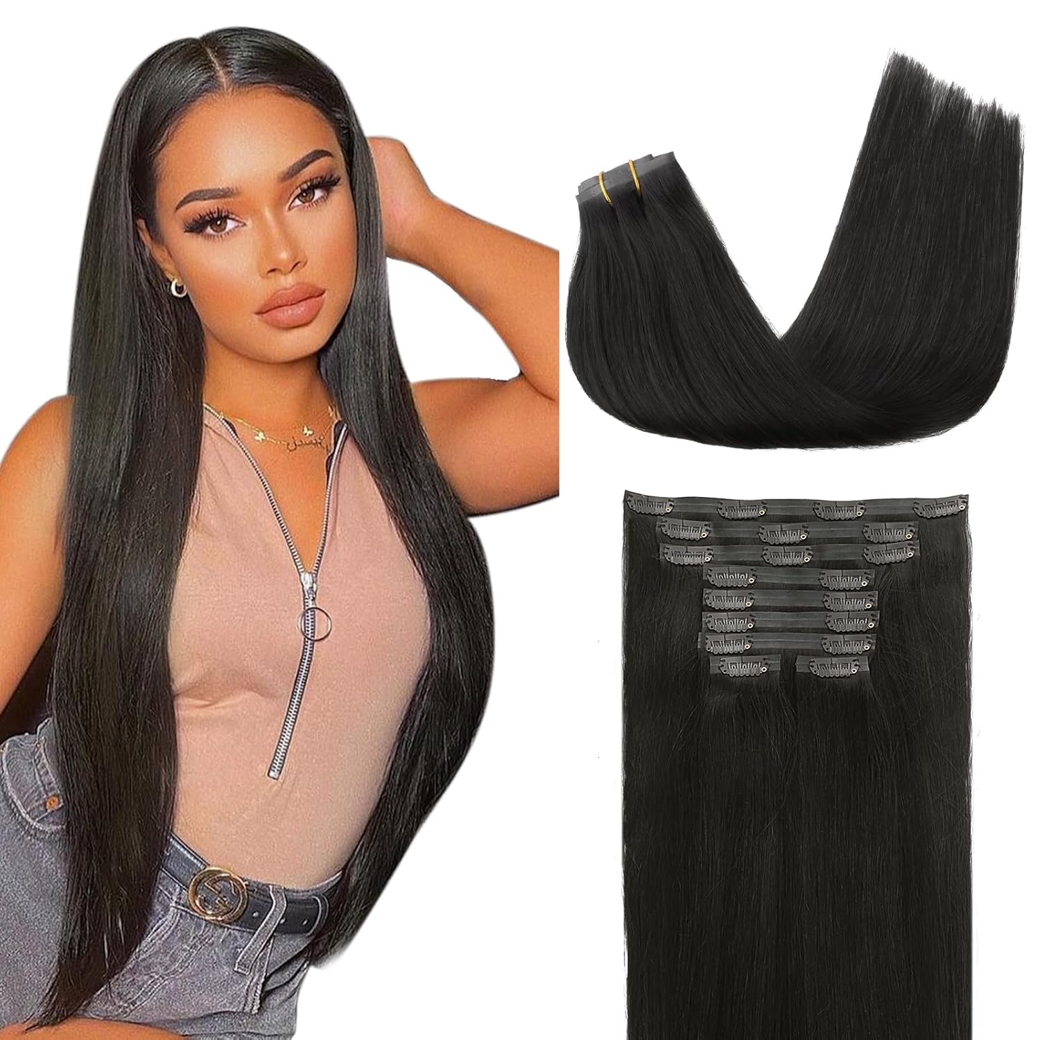 Natural Black 9pcs Seamless Clip in Hair Extensions Human Hair Extensions