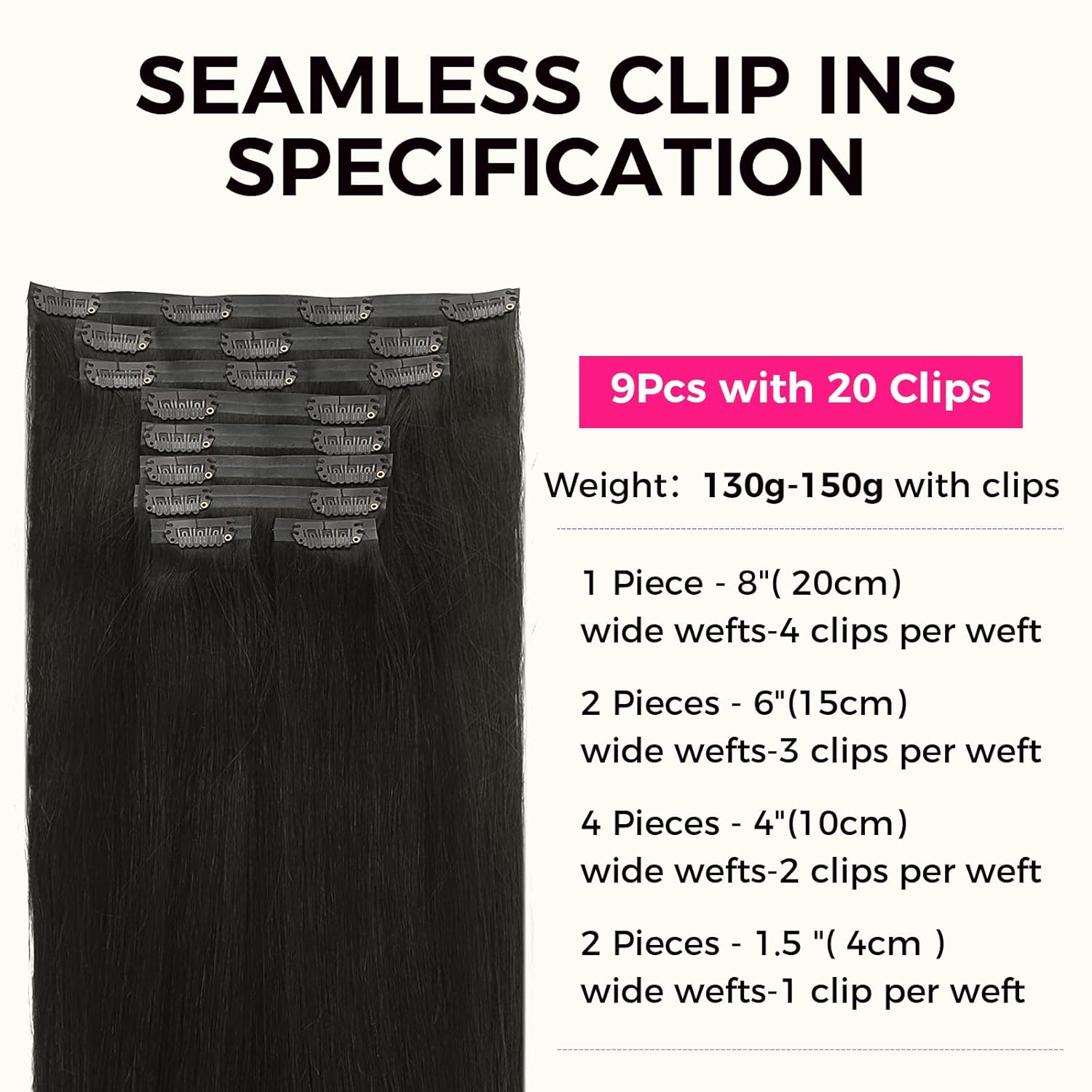 Natural Black 9pcs Seamless Clip in Hair Extensions Human Hair Extensions