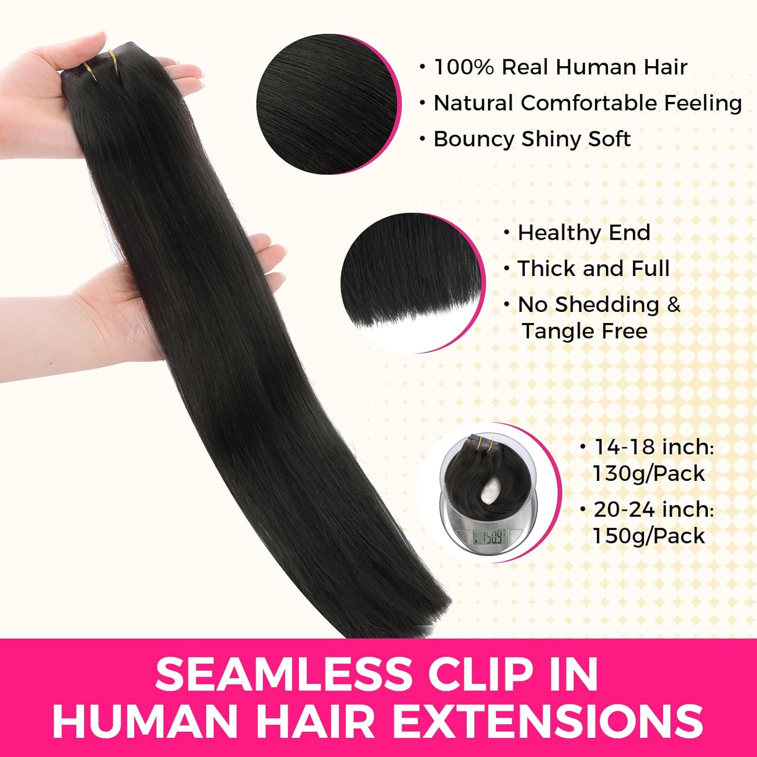 Natural Black 9pcs Seamless Clip in Hair Extensions Human Hair Extensions