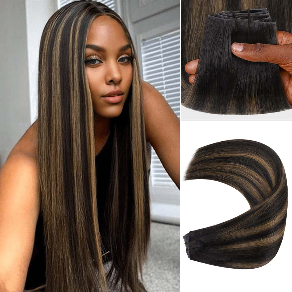 Lashey Invisi Edge Seamless Clip in Hair Extensions Silky Straight Brown Highlights Real Human Hair