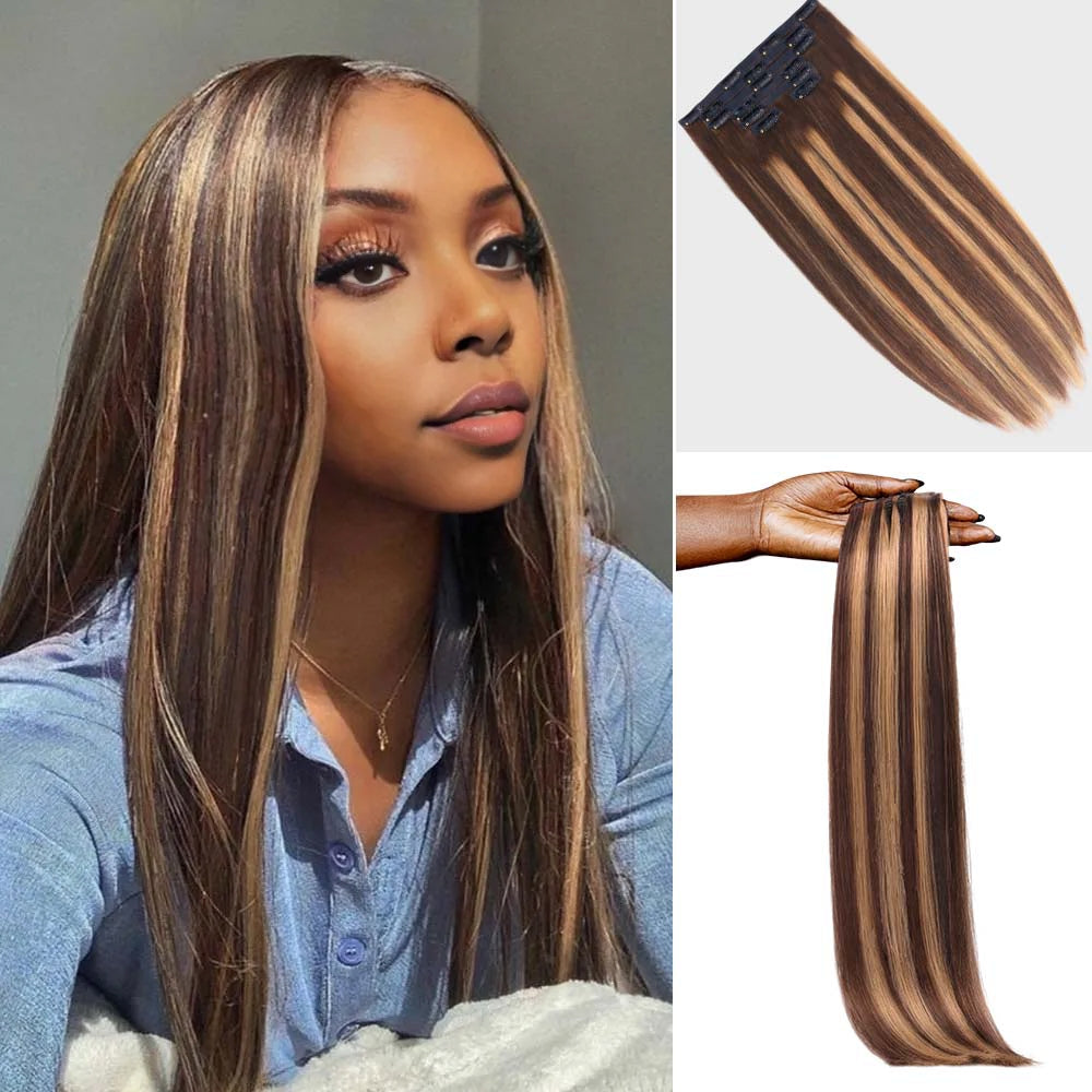 Lashey Invisi Edge Seamless Clip in Hair Extensions Silky Straight Brown & Blonde Highlights Real Human Hair