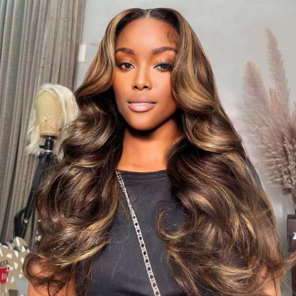 Lashey Invisi Edge Seamless Clip in Hair Extensions Silky Straight Brown & Blonde Highlights Real Human Hair