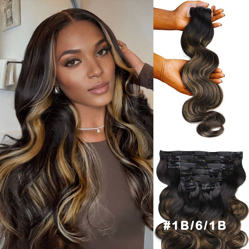 Lashey Seamless Clip in Hair Extensions Super Flat Body Wave Colored Real Human Hair