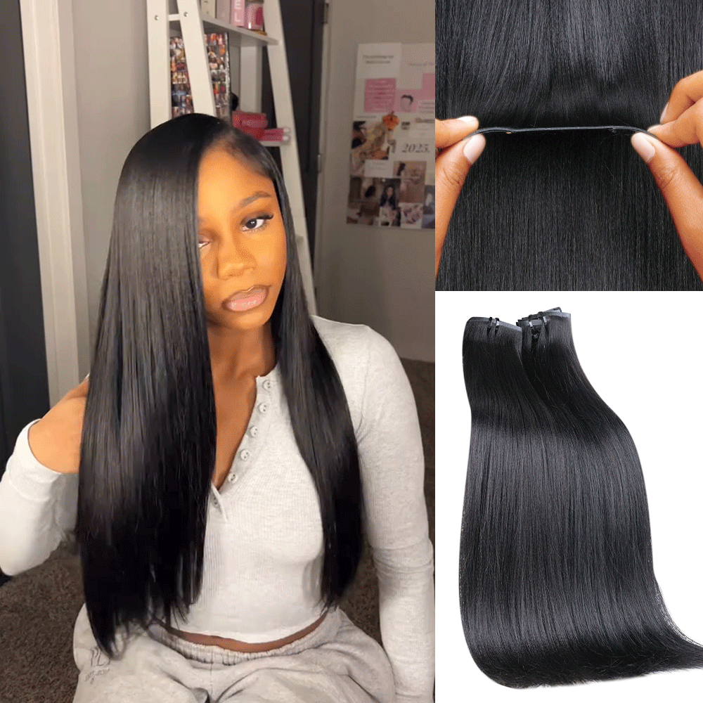 Lashey Seamless Clip in Hair Extensions Super Flat Yaki Straight Real Human Hair