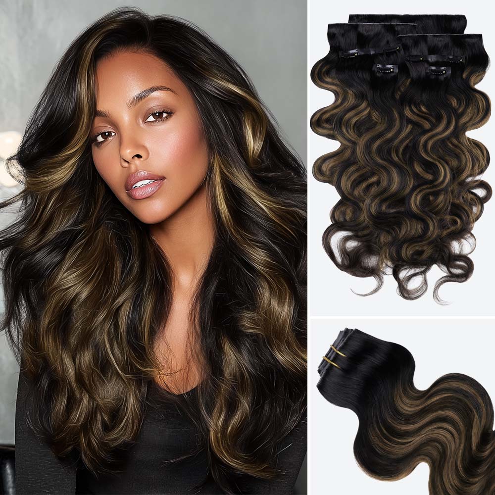 $149 BOGO | Lashey #1B/6/1B Brown Highlights Body Wave Invisi Edge Seamless Clip in Hair Extensions