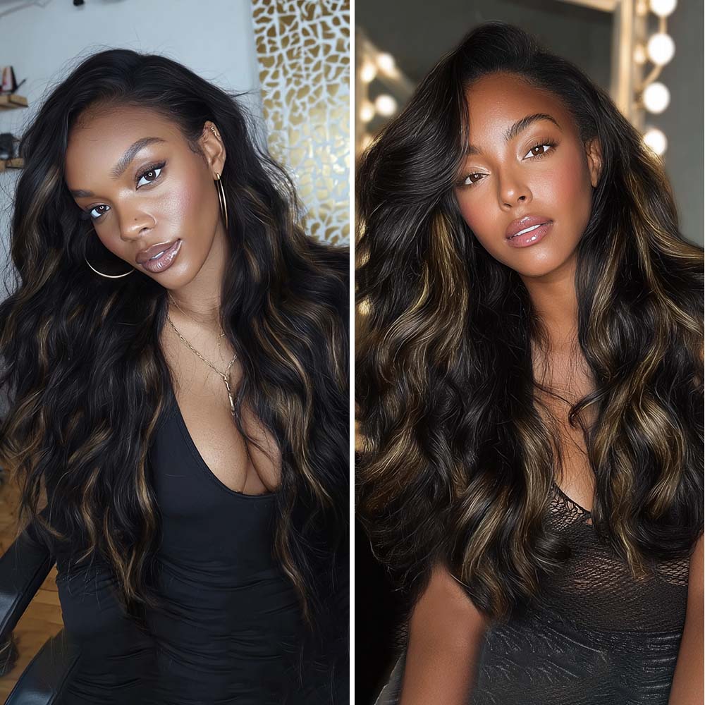 $149 BOGO | Lashey #1B/6/1B Brown Highlights Body Wave Invisi Edge Seamless Clip in Hair Extensions