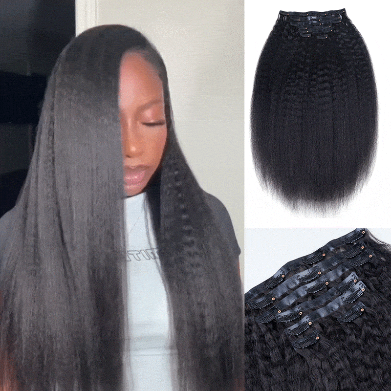 Lashey Seamless Clip in Hair Extensions Kinky Straight Full-Head Set Human Hair Extensions 9/10pcs