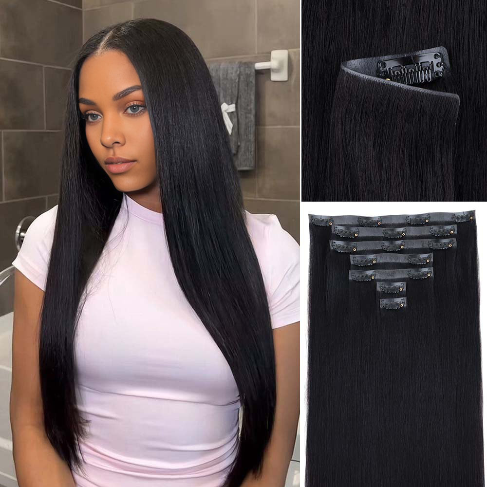 Lashey Invisi Edge Seamless Clip in Hair Extensions Yaki Straight #1 Jet Black Real Human Hair