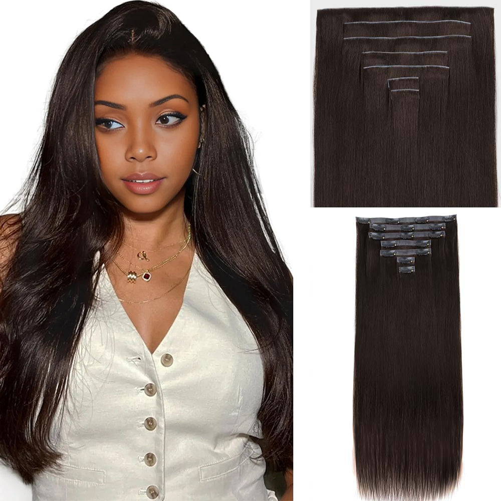 Lashey Invisi Edge Seamless Clip in Hair Extensions Yaki Straight #2 Dark Brown Real Human Hair