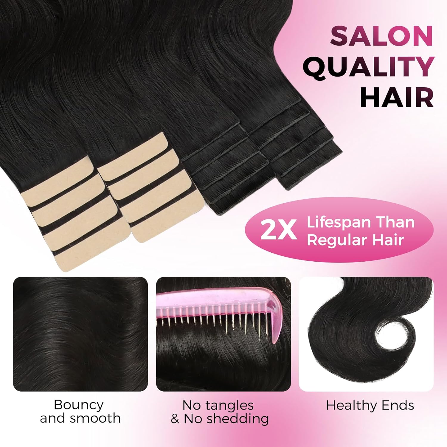 Invisible Soft Tape in Hair Extensions Human Hair Natural Black