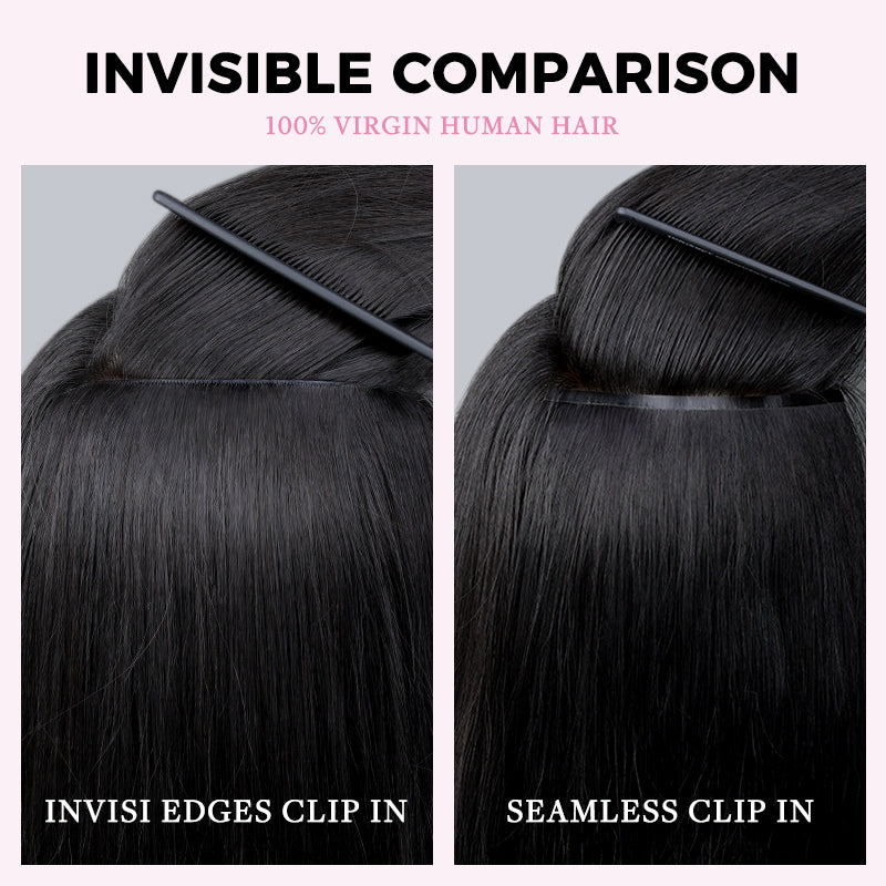 Lashey Invisi Edge Seamless Clip in Hair Extensions Yaki Straight #1 Jet Black Real Human Hair