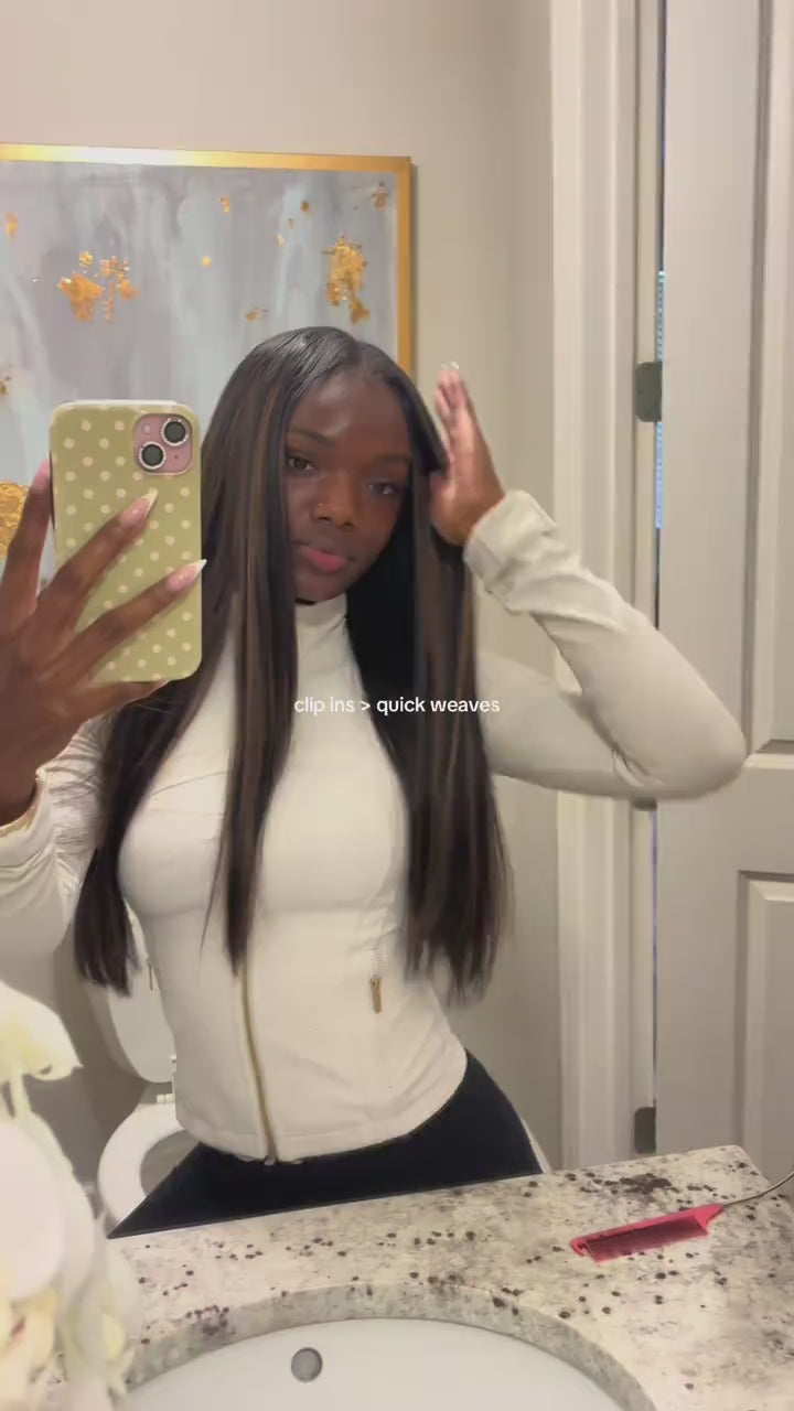 Lashey Invisible Edge Clip in Hair Extensions Silky Straight Brown & Blonde Highlights Real Human Hair